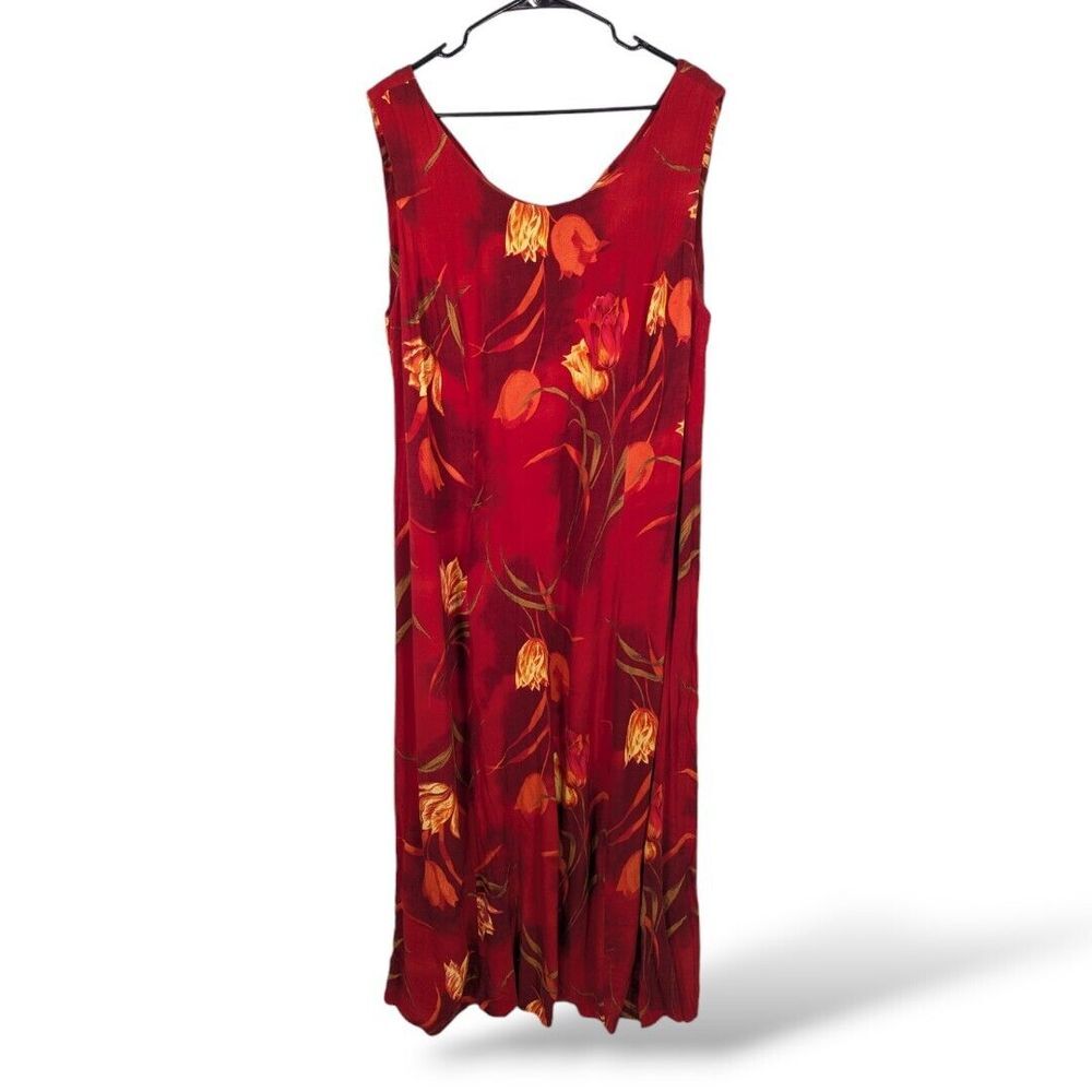 Vintage S.L. Fashions Dress 22W Red Floral Midi Sleeveless Tropical Hawaiian